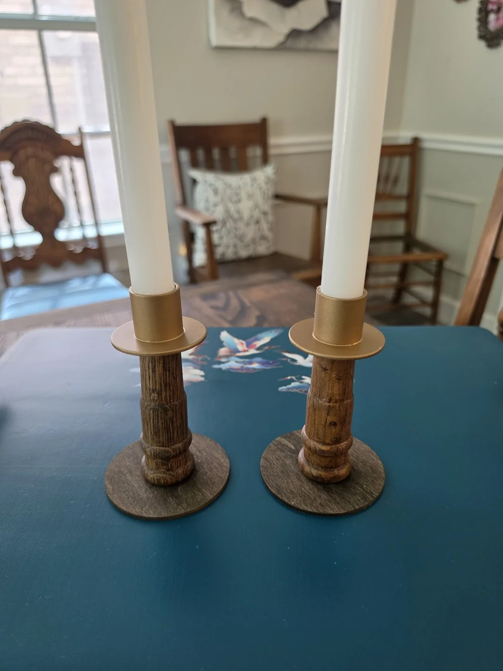 Set of 2 Rustic Vintage MCM Wood Candlestick Holders Gold Tone Metal Cups 5in
